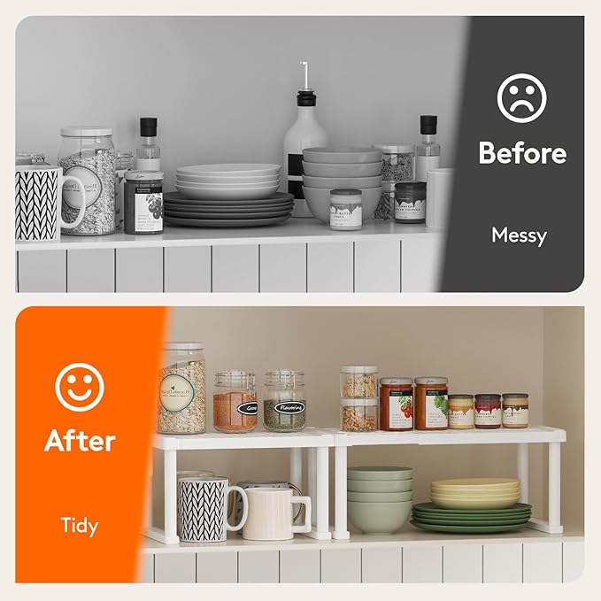 Lifewit Cabinet Shelf Organiser, Expandable Countertop Kitchen Shelves, Plastic Shelf Riser for Pantry Kitchen Storage and Spice Rack, Set of 2, 40 x 21 x 18cm/16 x 8 x 7 inch, White
