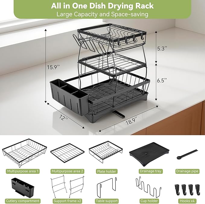 Dish Drying Rack for Kitchen Counter - 3 Tiers Stainless Steel Over Sink Dish Drainers, Space Saving Detachable Large Countertop Organizer with Utensil Holder, Cutting Board Rack (Black)
