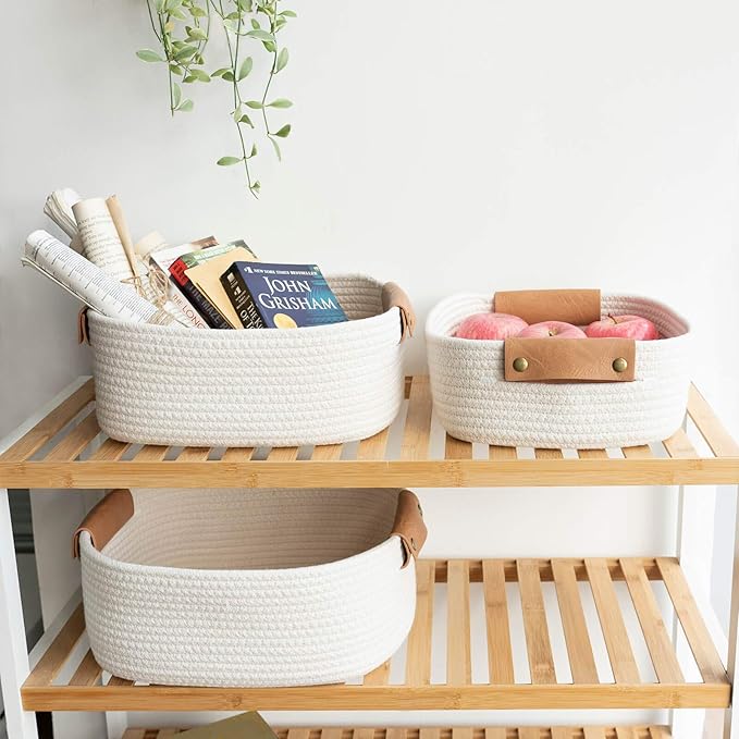 CHICVITA 3 Pack Rectangle Cotton Rope Woven Basket with Handles for Books, Magazines, Toys - Ideal Gift Decorative Basket for Baby Nursery, Living Room