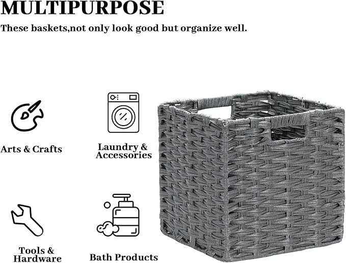 DULLEMELO Wicker Storage Baskets for Shelves, Plastic Woven Cube Storage Bins Set of 4, 11x11x11 inch Foldable Wicker Baskets for Shelves,Closet, Clothes, Toys-Grey