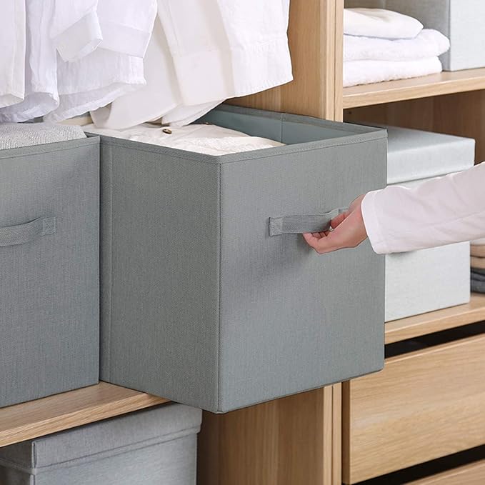 Basics Fabric Clothing Storage Bins - 10.6" x 10.6" x 11" - 2 Pack - Collapsible Storage Cubes Organizer with Handles, Linen Foldable Storage Baskets Cloth Box Containers, Closet Organizers