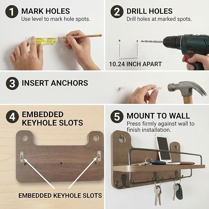 Key Holder for Wall with Shelf - 5.1" Deep Large Mail Organizer Wall Mount with 3 Heavy-Duty Dual Hooks & Safety Guardrail - Rustic Wood Wall Shelf for Entryway, Kitchen, Office