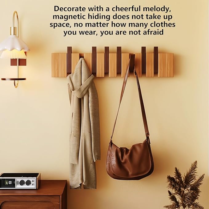 Wall Mounted Coat RackHooks Piano Key Hangers Natural Solid Wood Hanger Non-Woven Fabric Clothes Hangers for Closet, Kitchen, Bedroom, Bathroom, Entryway (Walnut-Beech, 12 Hooks)