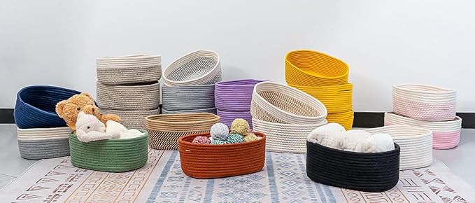 CubesLand Rectangle Organization/Storage Basket, Natural Cotton Rope Woven Baskets for Organizing, Small Basket for Kids, Baby Nursery, Cat Dog Toy Baskets, Organizer Bins for Shelves 3Pc Light Brown