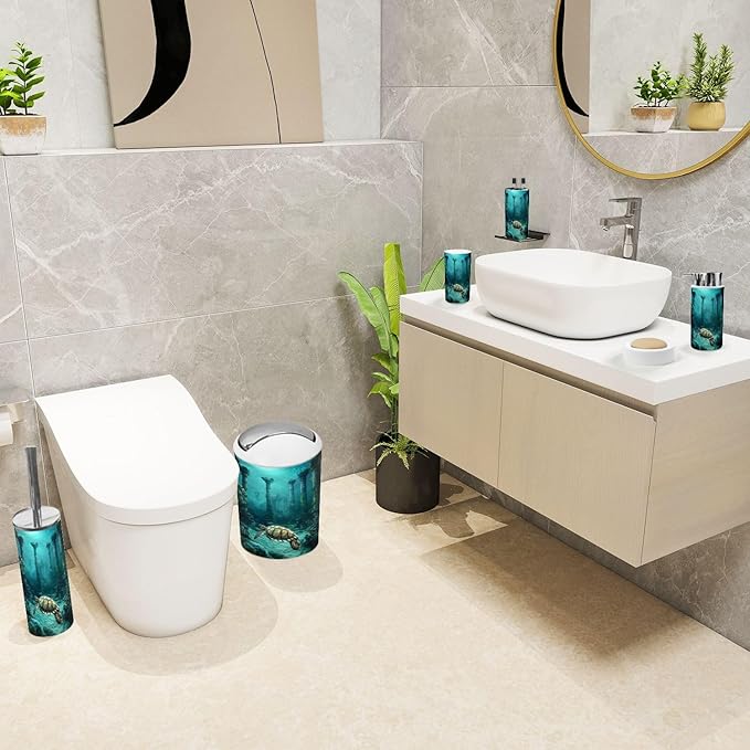 6 Piece Bathroom Accessories Set Bioluminescent Sea Turtle Underwater Surrealism Trash can Toilet Brush Holder Toothbrush Holder Toothbrush Cup Soap Dispenser Soap Dish for Home