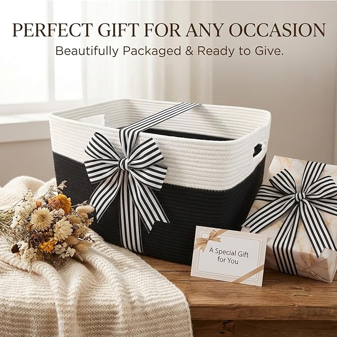 Woven Blanket Basket,65L Large Storage Bin for Blankets Toys Clothes,Decorative Rope Basket for Living Room Bedroom with Handles, White&Black