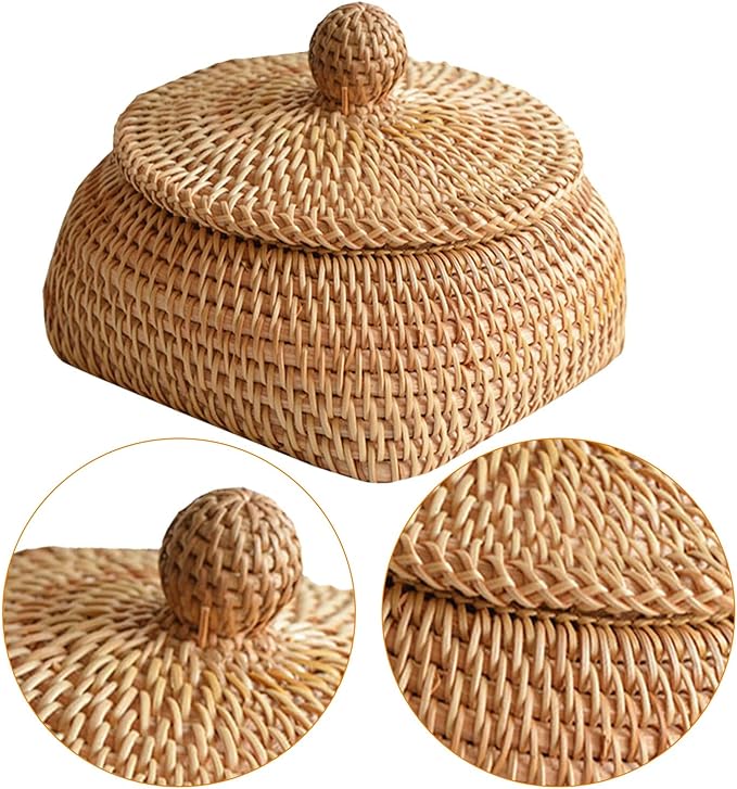 STOBAZA Small Round Remote Control Storage Box Woven Rattan Basket with Lid 3.15X4.33X3.15 Inches Compact Desktop Organizer for Living Room Coffee Table Sundries