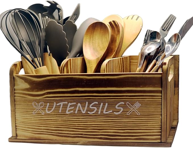 Utensil Holder Rustic Wood White Large Farmhouse Spatula Organizer for Kitchen counter Farmhouse,Countertop,Cooking Tools Storage (Wood)