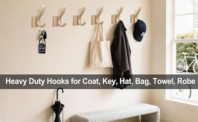 Gold Hooks for Wall Double Hooks, Heavy Duty Thick Bathroom Coat Hooks for Hanging Key Robe Hat Backpack, Wall Mount Hat Hooks Bath Towel Hooks(6 Pack, Gold)