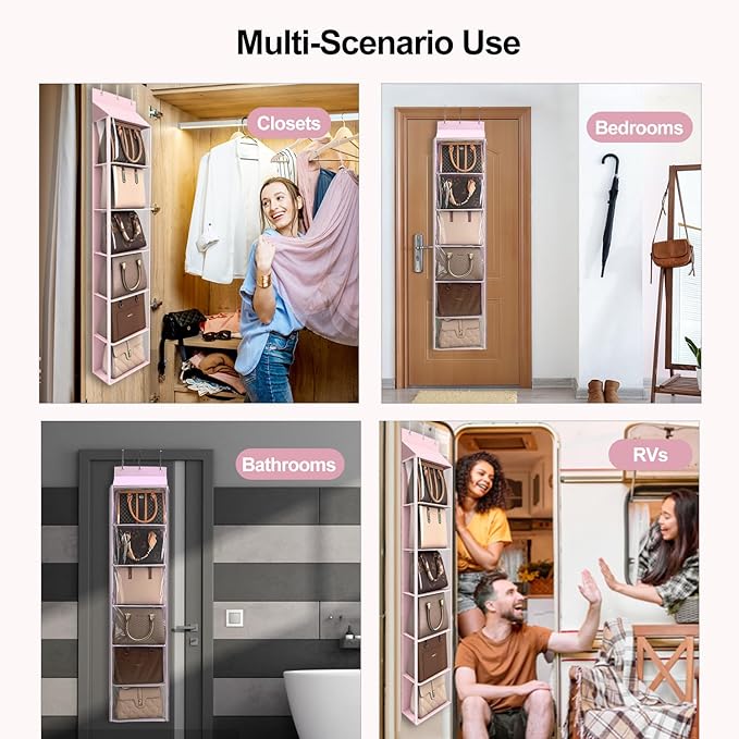 Lirex Over The Door Purse Organizer & Purse Shelf for Closet – Handbag Storage Organizer with Purse Hanger. Perfect for Scarves, Hats, and Leggings. S (11.8'' x 5'' x 51.6''), Pink