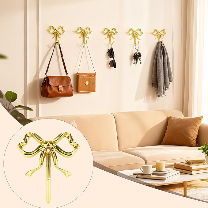 1 PCS Large Size Gold Bow Wall Hook,Decorative Gold Coat Hooks for Bathroom,Bedroom,Living Room - Heavy Duty Metal Towel Hooks for Hanging Robes,Hats,Bags,Keys,Coffee Mugs