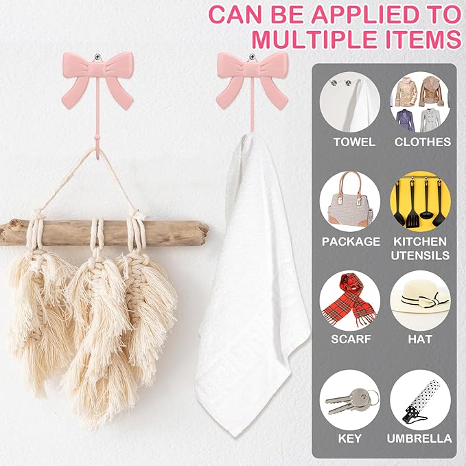 Geelin 4 Pcs Coquette Pink Bow Wall Hook Metal Decorative Bow Knot Door Hanger Rustic Coat Rack Towel Hook for Coat Hat Towel Multi-Purpose Bathroom Kitchen Living Room Home Decor