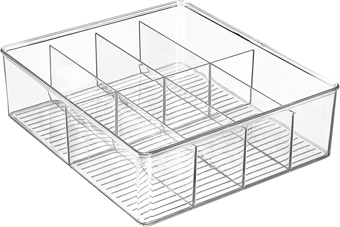 mDesign Plastic Extra Wide Storage Organizer Bin Box for Kitchen, Pantry, Cabinet, Countertop - Tea Bag, Sugar Packet, Coffee Snack, Condiment Holder, 8 Sections - Ligne Collection - Clear