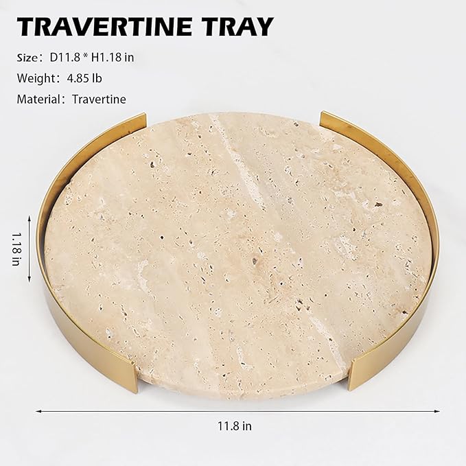 Travertine Tray, Round Marble Vanity Bathroom Countertop Tray, Ceramic Decorative Trays for Coffee Table (L)