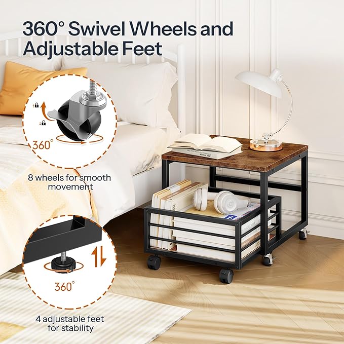 HOOBRO Mini Fridge Stand with Movable Storage Basket, Mini Fridge Cabinet with Wheels and Adjustable Feet, Sturdy Metal Frame, for Kitchen, Living Room, Office, Rustic Brown and Black BF155TL01