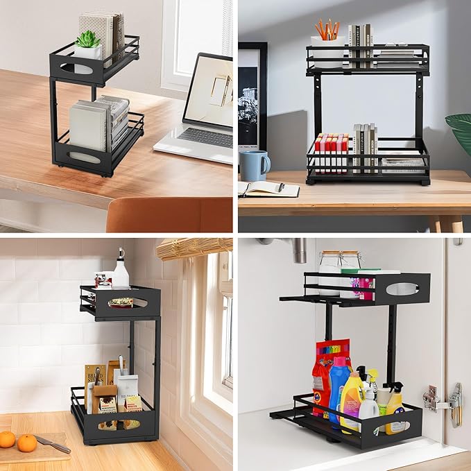 Under Sink Organizer, Slide Sink Steel Shelf Cabinet Storage Shelves, Height Adjustable Under Sink Organizers and Storage, 2 Tier Pull Out Drawer Cabinet Organizer for Kitchen Bathroom