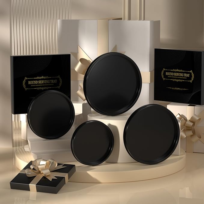 HGF Decorative Tray for Coffee Table,10 Inch Lightweight Metal Round Trays for Kitchen Sink Countertop Organizer Dining Table Centerpiece for Display Candle Vase, Black Round Tray for Bathroom Decor
