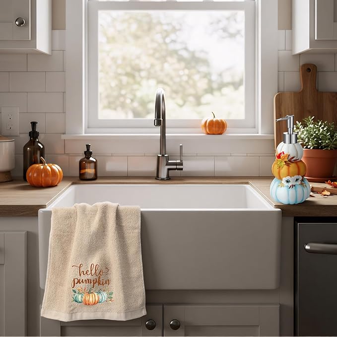 4 Pcs Fall Pumpkin Soap Dispenser Thanksgiving Day Gift Set Autumn Bathroom Accessories, Lotion Pump and Fingertip Towels with Gift Box for Home Bath Autumn Decoration