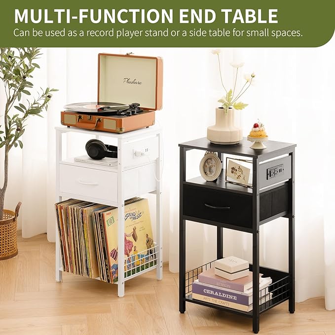 Yoobure Record Player Stand with Storage - End Table with Charging Station & LED Lights, Vinyl Record Storage Holds Up to 100 Albums, Nightstand with Drawer for Living Room Bedroom, White