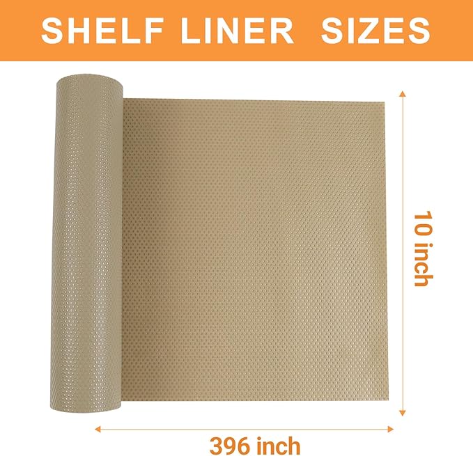Shelf Liners for Kitchen Cabinets Waterproof - 10 Inch Wide x 396 inch Khaki Non-Adhesive Drawer Liner - Easy to Clean Pantry Cupboard Mat