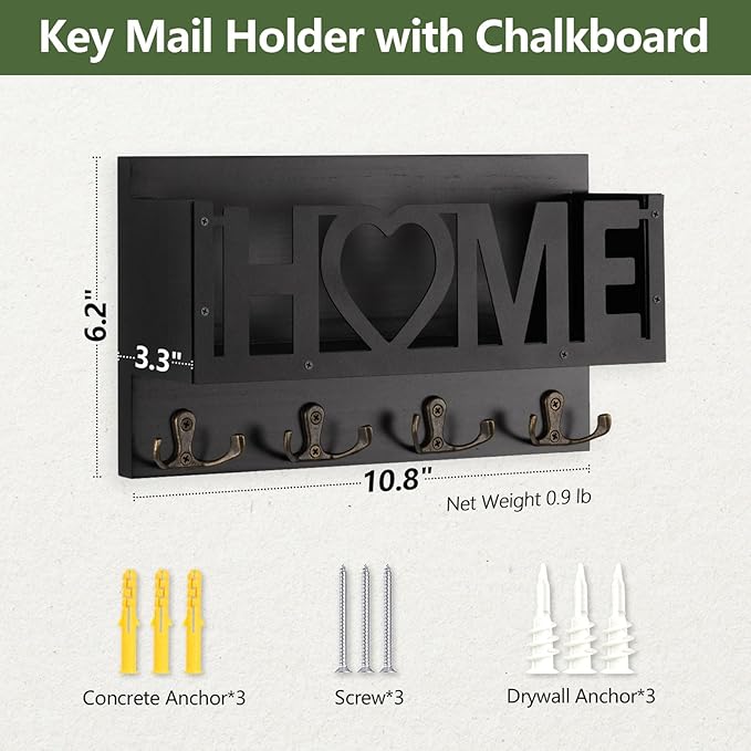 Wall Mount Mail and Key Holder, Wooden Mail Organizer with 4 Double Hooks, Black Metal Letters, Farmhouse Home Decor, Entryway Storage, 10.8 x 3.3 x 6.2 Inches
