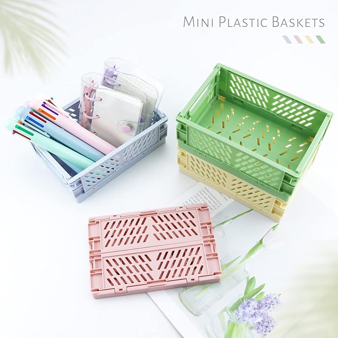 4 Pack Mini Plastic Baskets for Shelf Storage Organizing, Small Plastic Baskets, Folding Storage Crate for Home Kitchen Classroom Bedroom Bathroom Office (5.9 x 3.8 x 2.2 in)