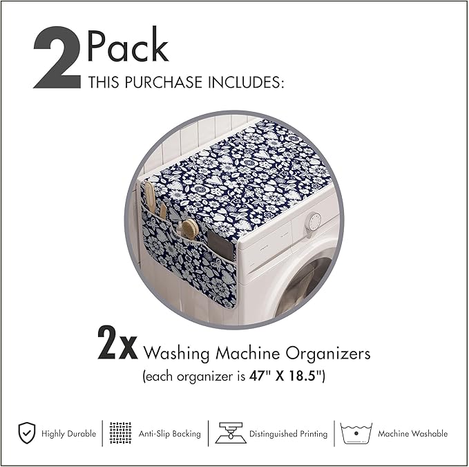 Ambesonne Navy Blue Washing Machine Organizer Pack of 2, Multi Designed Pattern with Hearts Butterflies Leafs and Dots Image, Anti-Slip Cover for Washers Dryers, 47" x 18.5", Dark Blue