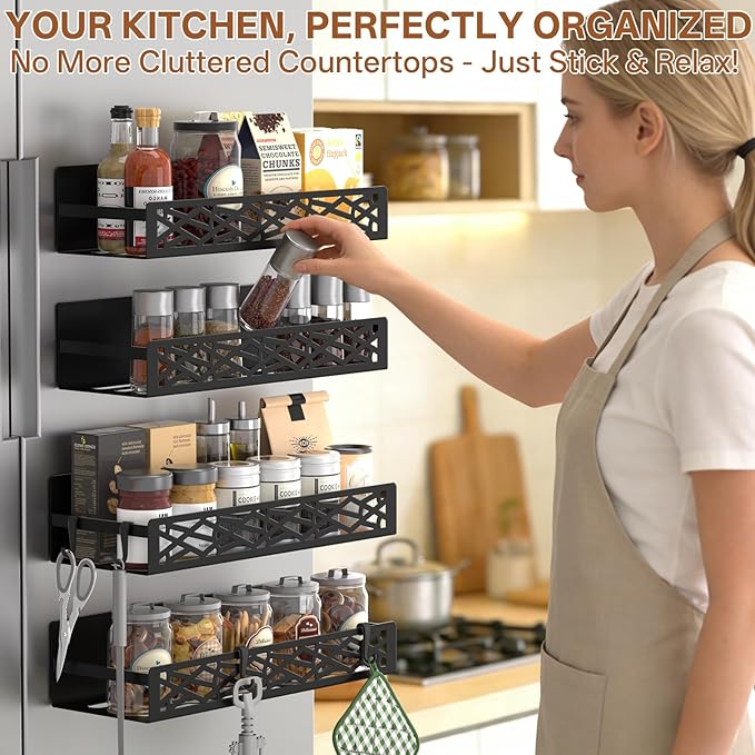 4 Pack Magnetic Spice Rack for Refrigerator, Heavy Duty Metal Magnetic Fridge Spice Rack Organizer with 4 Hooks, No Drilling Rustproof Spice Storage for Kitchen Organization,11LB Load Capacity