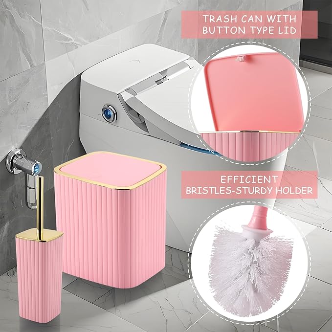Bathroom Set with Shower Curtain and Rugs- 25PC Bathroom Accessory Set, Pink Bathroom Set, Toilet Brush, Trash Can, Qtip Holder & Soap Dispenser