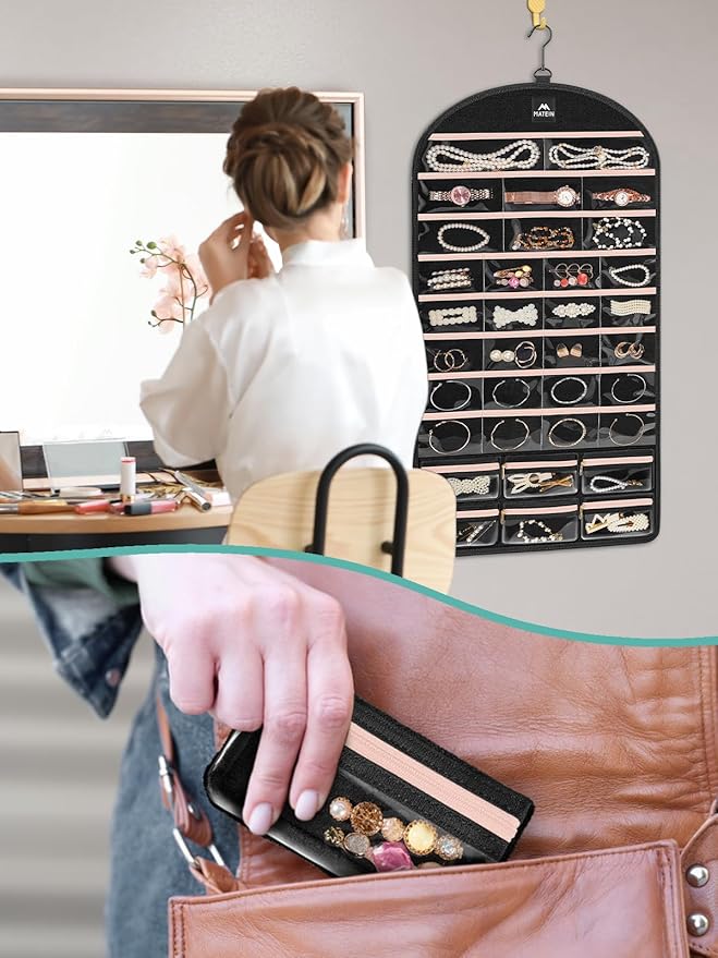 MATEIN Hanging Jewelry Organizer with Removable Zipper Jewelry Pouches, Tangle-Free Necklace Hanger for Closet with Metal Hook, Over the Door Earring Storage Bracelet Ring Holder, Unique Gifts for Her