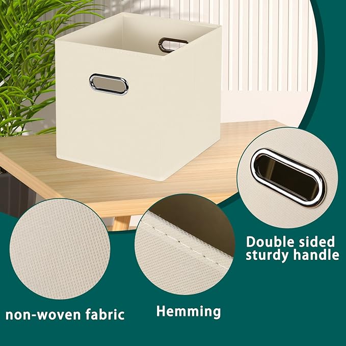 Black Foldable Storage Cubes Bins, Fabric Storage Box Cubes Organizer Baskets with Dual Handles for Home Organizer,Set of 3,(Creamy-White)