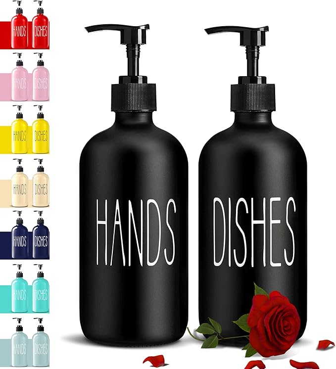 Glass Soap Dispenser Set 2 Pack,Contains Hand and Dish Soap Dispenser.Premium 16 Oz Black Kitchen Soap Dispenser Set for Kitchen Sink and Farmhouse Decor