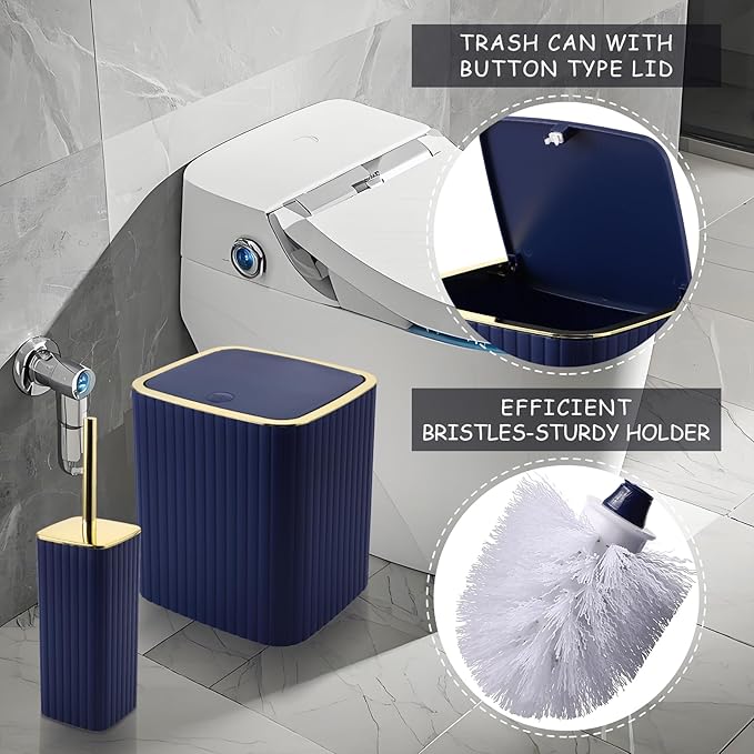 Bathroom Accessories Set - Gorgeous Bathroom Set, 10PC Navy Blue Bathroom Accessory Set, Toilet Brush, Trash Can, Qtip Holder & Soap Dispenser