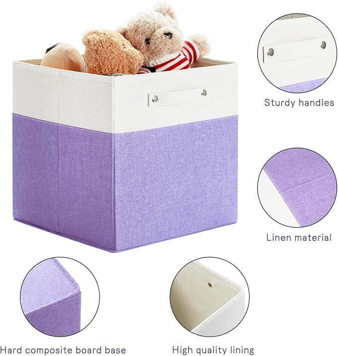 13 x 13 Inch Fine Linen Storage Bins with Handles,Fabric Cube Boxs,Basket Organizers for Shelves for Home, Closet Drawers (White/Purple-4 Pack)