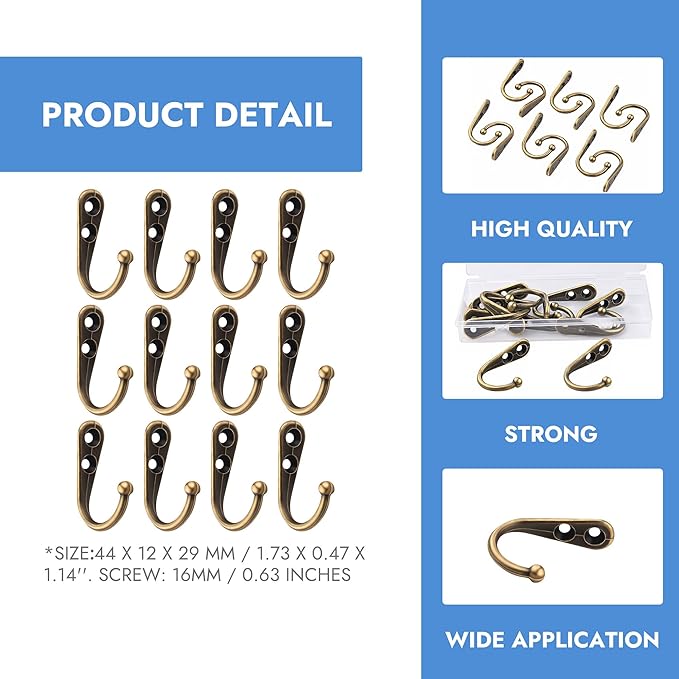 12 Pack Bronze Coat Hooks Wall Mounted, Rustproof Zinc Alloy Metal Hooks for Hanging Coats, Heavy Duty Utility Key Holder Hooks with Screws for Bathroom, Entryway, Kitchen, Hat, Towel, Cup, Robe