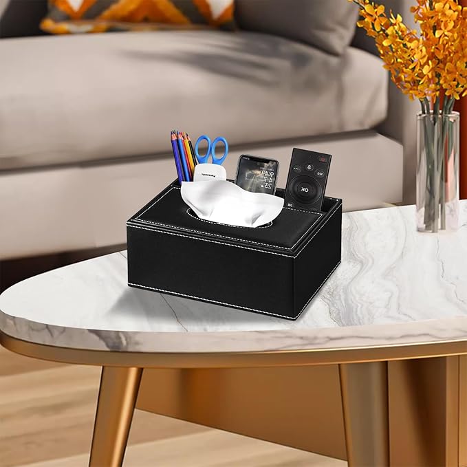 Leather Tissue Box Cover Rectangle,Compatible with Kleenex Box Covers,Facial Tissue Box Holder with Remote Control Holder,Decorative Nighstand Organizer,Tissue Dispenser for Bathroom Black