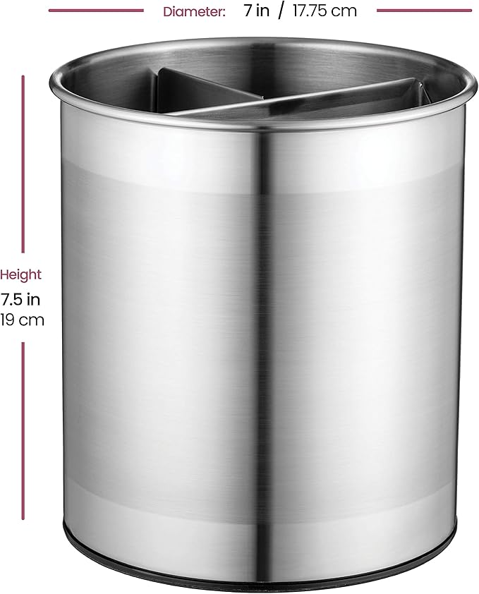 FineDine Rotating Kitchen Utensil Holder for Kitchen Counter - With Weighted Base for Stability, Stainless Steel Cooking Utensil Holder with Removable Divider, Brushed Stainless Steel