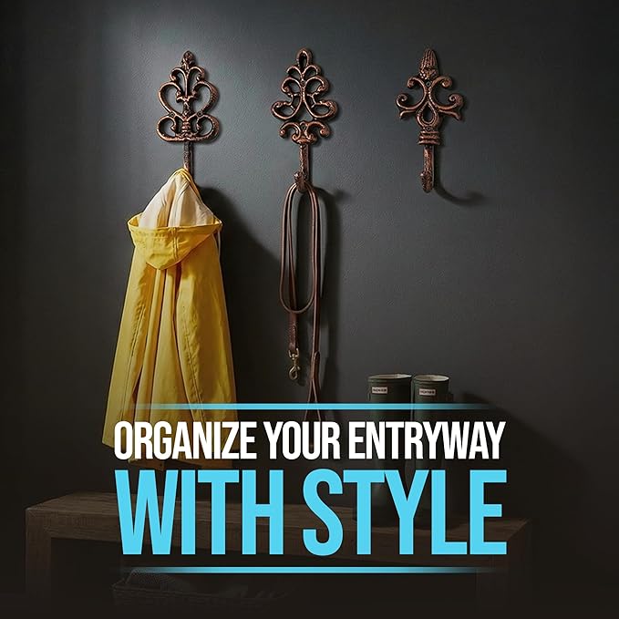 Comfify Shabby Chic Decorative Wall Hooks - Set of 3 - Cast Iron French Country Wall Decor - Farmhouse Hangers for Coats, Purses and More - Copper with Black