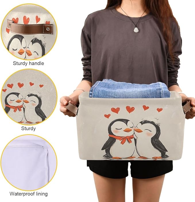 Penguin Heart Storage Basket,Large Storage Bin Fabric Collapsible Organizer Bag with Handles 15x11x9.5 inch