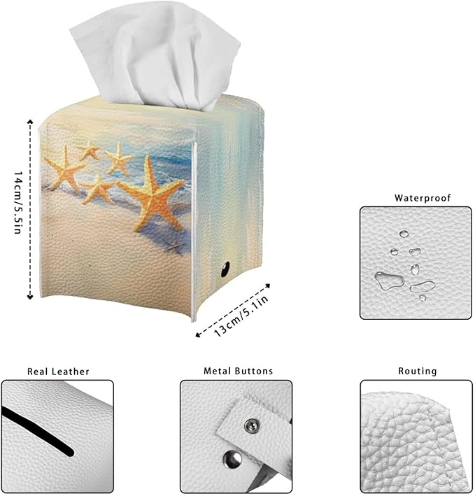 Beach Starfish Tissue Box Covers Foldable Square Facial Tissue Case Waterproof Facial Paper Organizers Dispenser for Bathroom Night Stand