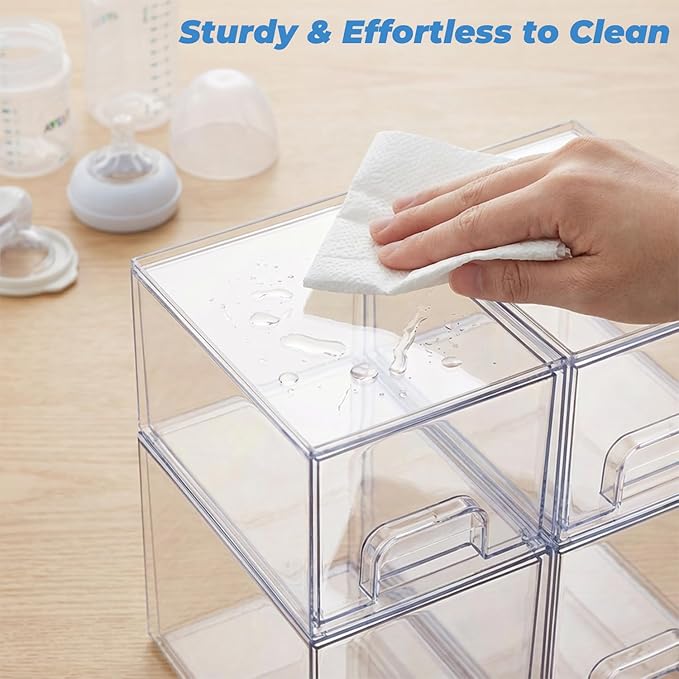 Baby Bottle Organizer, 5 Pack Stackable Storage Dust-proof Drawers, Clear Plastic Bottle Station Organizer for Countertop & Cabinet, Pacifier and Diaper Container for Nursery