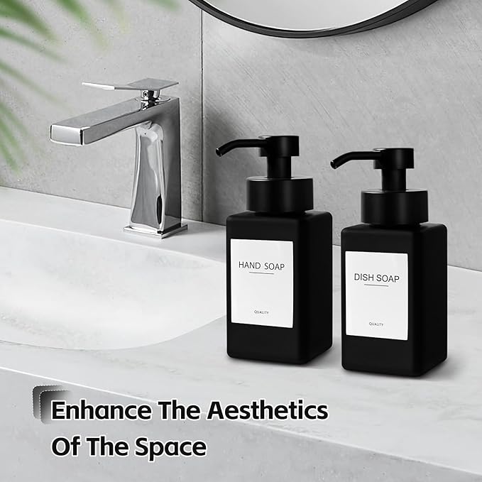Black Foaming Hand Soap Dispenser, 12oz/350ml Glass Square Foam Soap Dispenser Set, 2Pcs Foaming Soap Dispenser with Foaming Pump, Refillable Soap Foam Dispenser for Bathroom, Kitchen