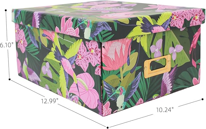 Decorative Storage Box with Lid, Cardboard Paperboard Keepsake box, Green, Foldable, Tropical Floral with Hummingbirds, Photo Storage Box for Memory, Home Decor, Wool Organizer