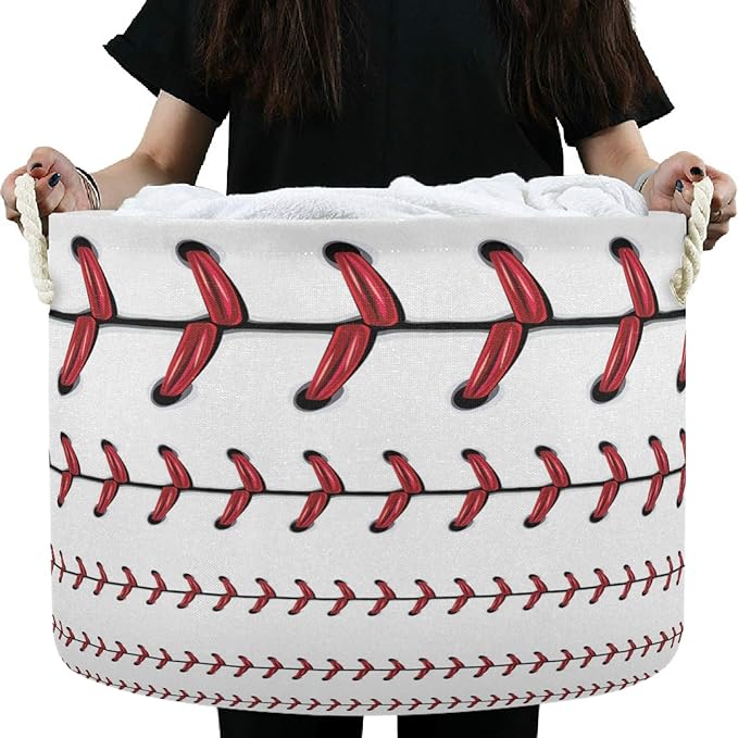 visesunny Storage Basket Softball Baseball Red Lace Over White Pattern Nursery Hamper Canvas Fabric Toy Storage Organizer Bin Storage Box Laundry Basket for Kid Rooms,Playroom