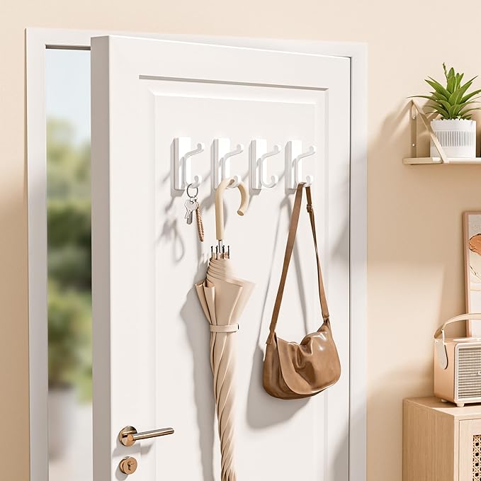 White Self Adhesive Wall Hooks - 4 Pack Sticky Hangers Wall Mount, Holds 13Lbs for Clothes, Towel, Robes, Keys, Double Hooks for Bathroom, Bedroom and Door.