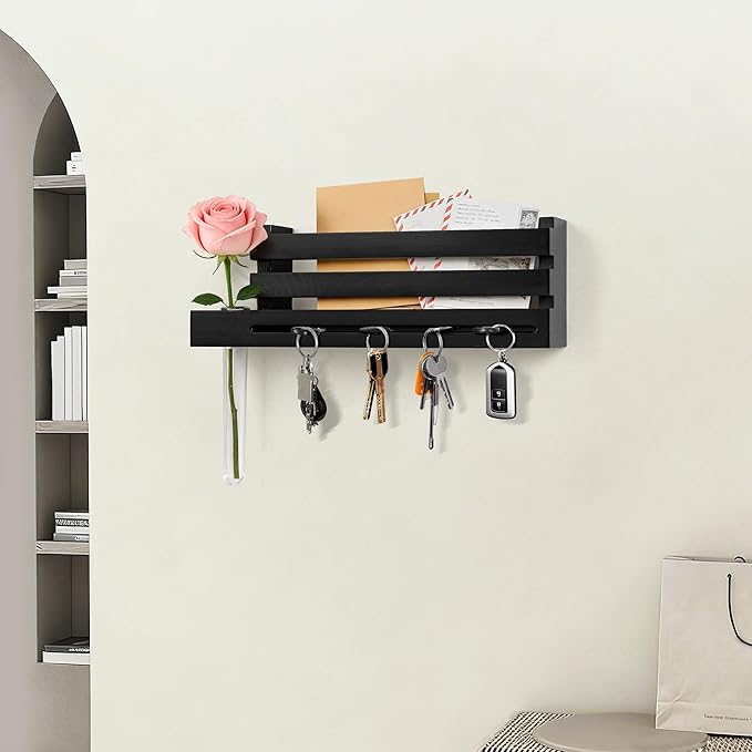 AELS Black Wall Mounted Key Holder with Acrylic Vase & Mail Organizer, Wooden Entryway Key Rack with 5.9" Test Tube Vase, Decorative Key Hanger with Slot for Keys and Letters, Gift Idea