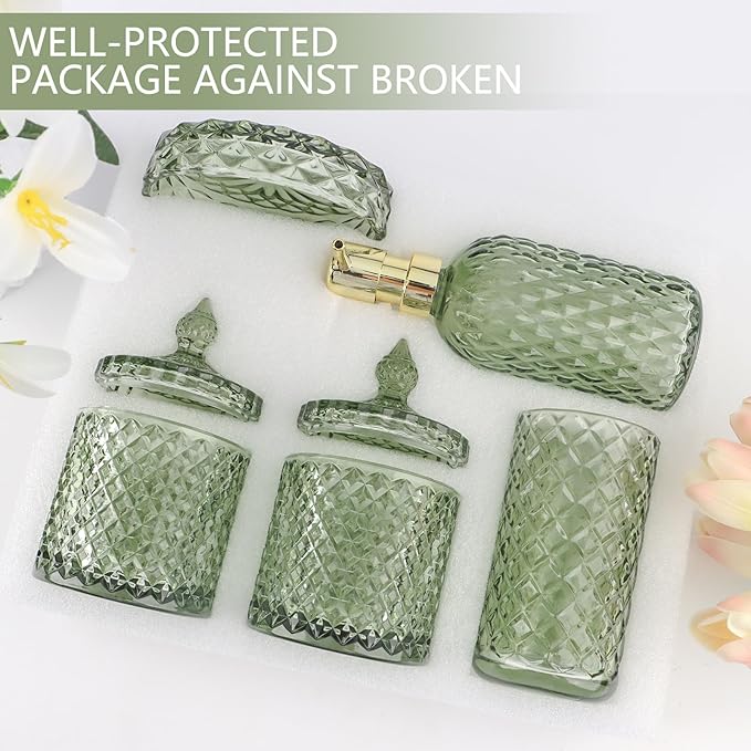 5Pcs Glass Bathroom Accessories Set,Green Vintage Bathroom Accessory Set, Bathroom Counter Sink Toothbrush Holder Set Includes Hand/Lotion Soap Dispenser & Tumbler & Soap Dish & Qtip Holders
