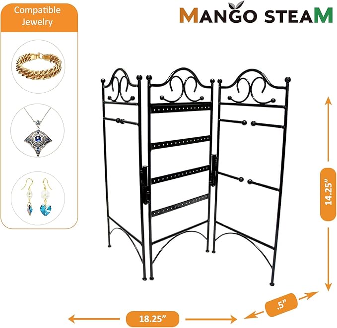 Mango Steam 3-Panel Folding Organizer for Hanging Earrings, Bracelets, & Necklaces, Black