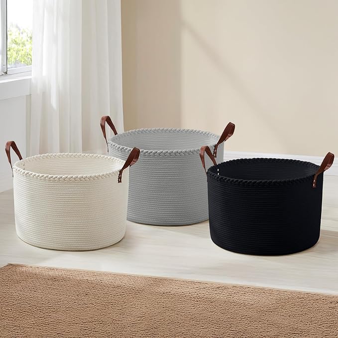 XLarge Round Cotton Rope Storage Basket Bin Organizer Laundry Hamper with Leather Handles, 21 x 21 x 14, Extra Large Blanket Woven Basket for Nursery - Black