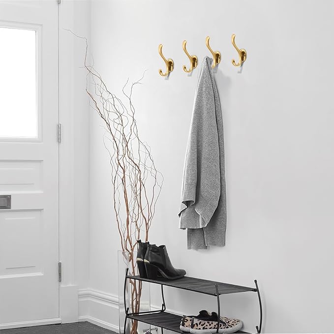 khtumeware 8 Pack Brushed Gold Coat Hooks Wall Mount Heavy Duty Utility Retro Double Hooks for Hanging Coats,Hat, Towel, Key, Robe, Scarf, Bag, Cap (Brushed Gold)